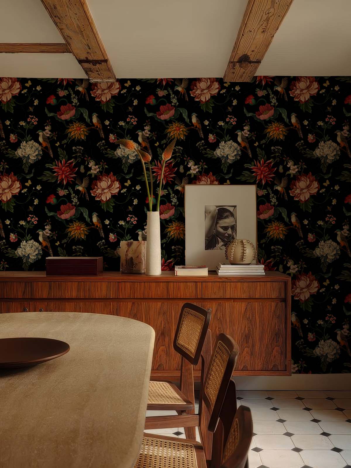Obsidian Grove, Floral Fantasy with Songbirds Wallpaper Mural