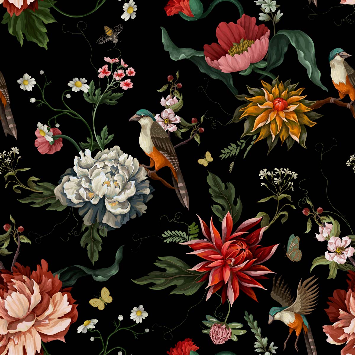 Obsidian Grove, Floral Fantasy with Songbirds Wallpaper Mural