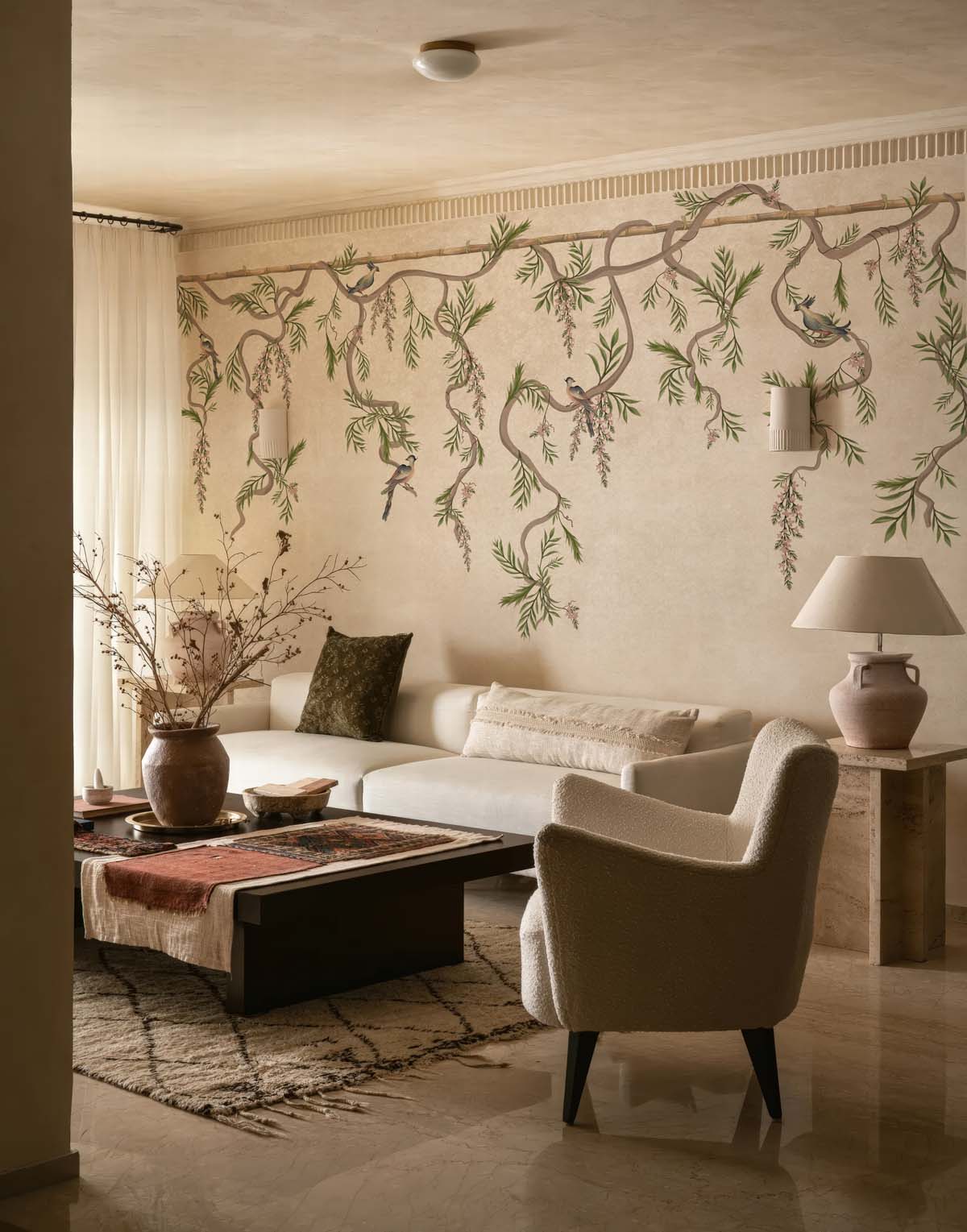 Ophelia, Soft Blush Pink Hanging Garden Birds Wallpaper Mural