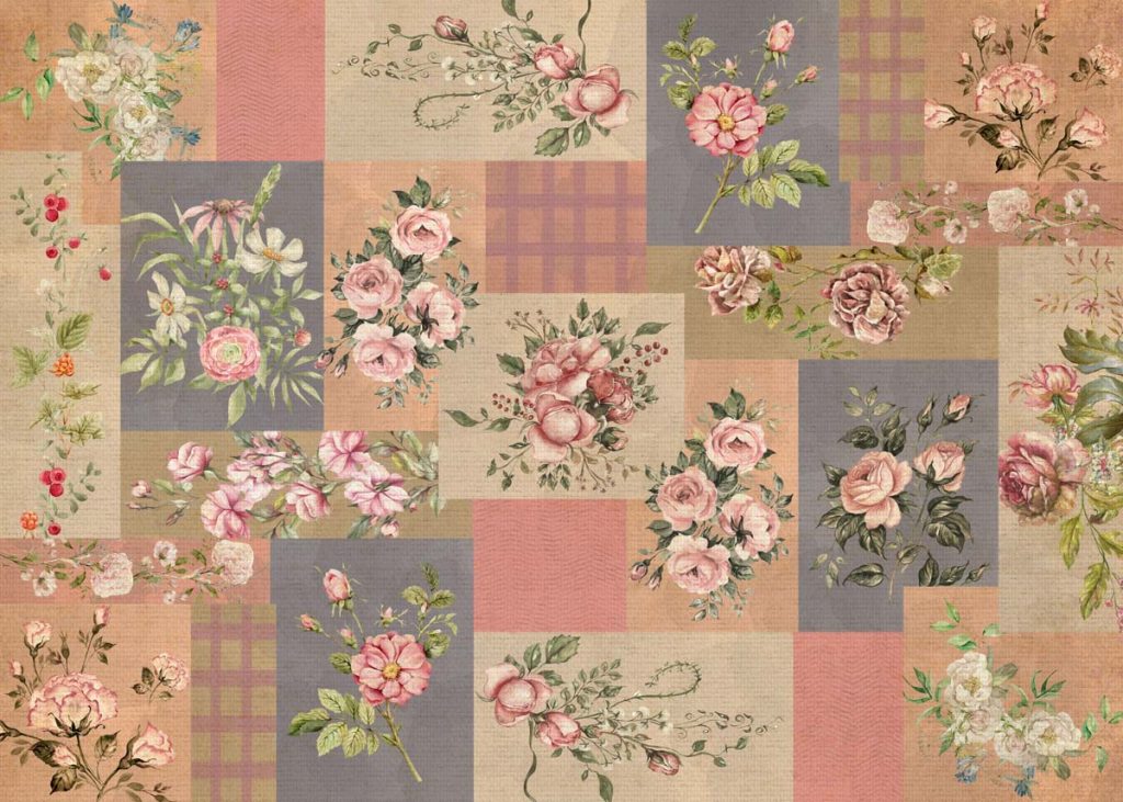 Patchwork Rosewood, Antique Floral Collage Wallpaper Mural