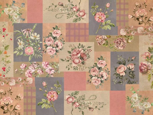 Patchwork Rosewood, Antique Floral Collage Wallpaper Mural