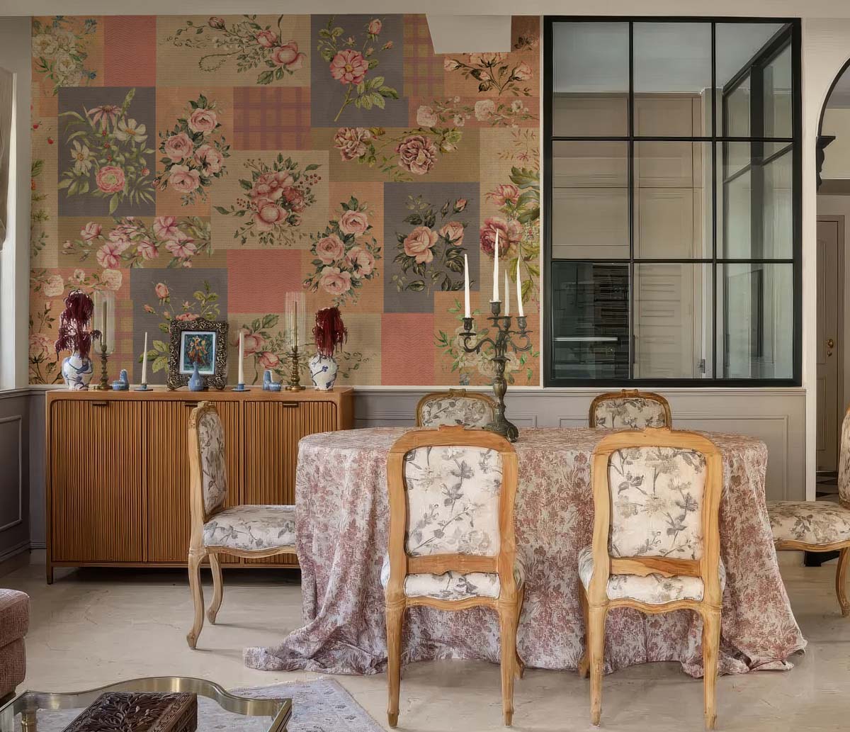 Patchwork Rosewood, Antique Floral Collage Wallpaper Mural