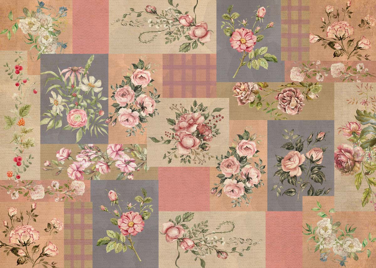 Patchwork Rosewood, Antique Floral Collage Wallpaper Mural