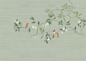 Penelope, Seafoam Green Garden Birds and Blossoms Wallpaper Mural