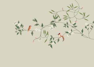 Penelope, Soft Sage Green Garden Birds and Blossoms Wallpaper Mural