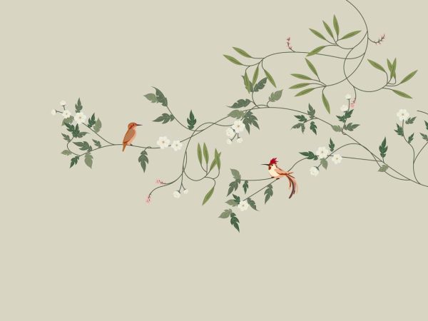 Penelope, Soft Sage Green Garden Birds and Blossoms Wallpaper Mural