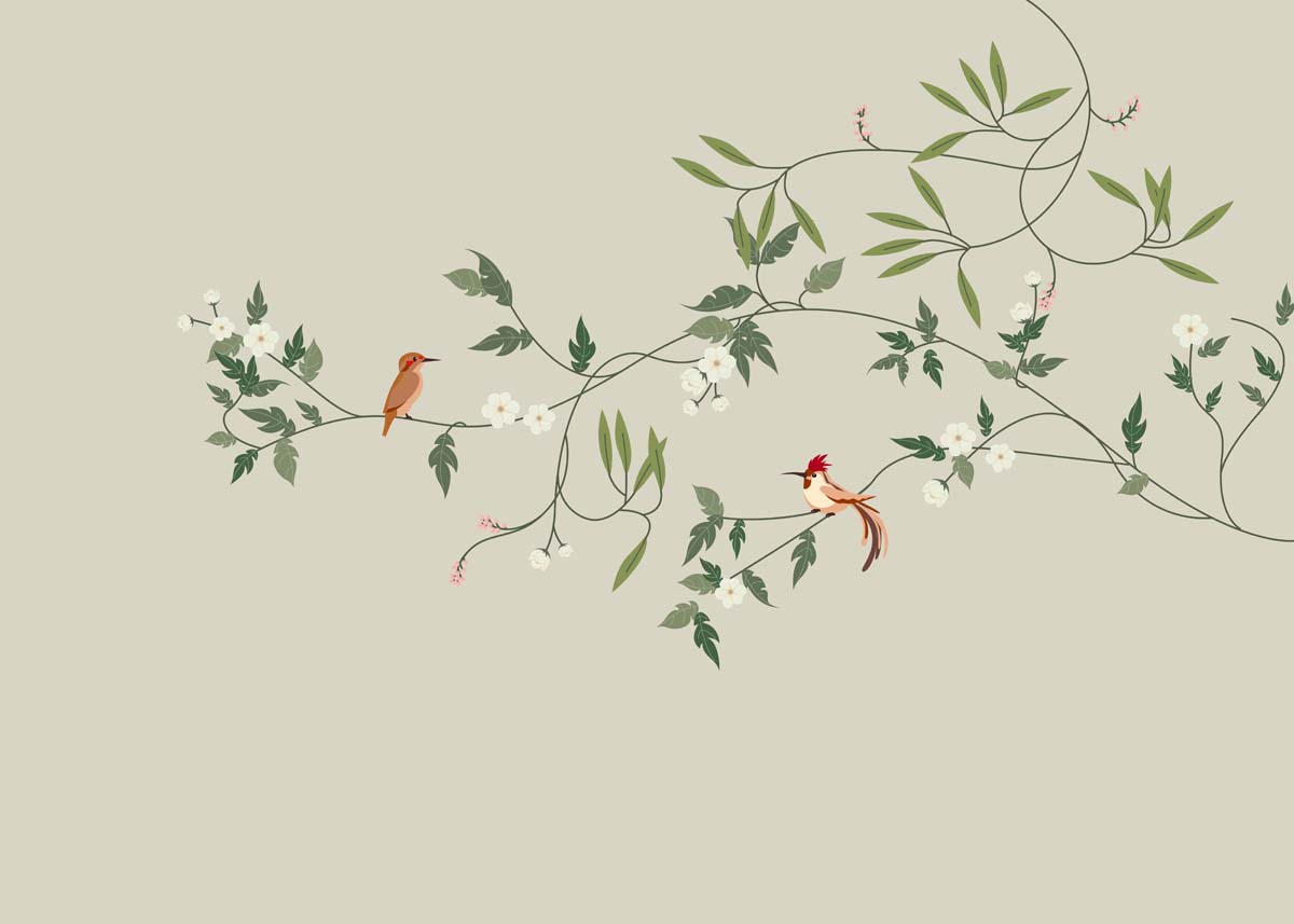 Penelope, Soft Sage Green Garden Birds and Blossoms Wallpaper Mural
