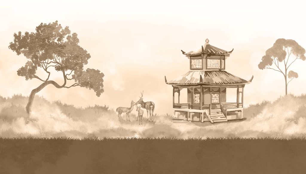 Sepia, Oriental Pagoda Deer Landscape Wallpaper