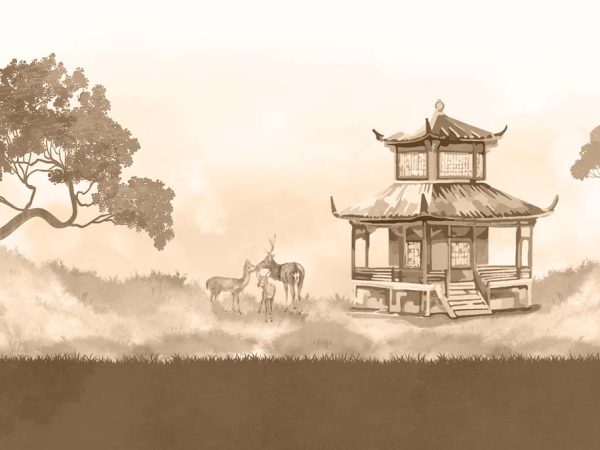Sepia, Oriental Pagoda Deer Landscape Wallpaper