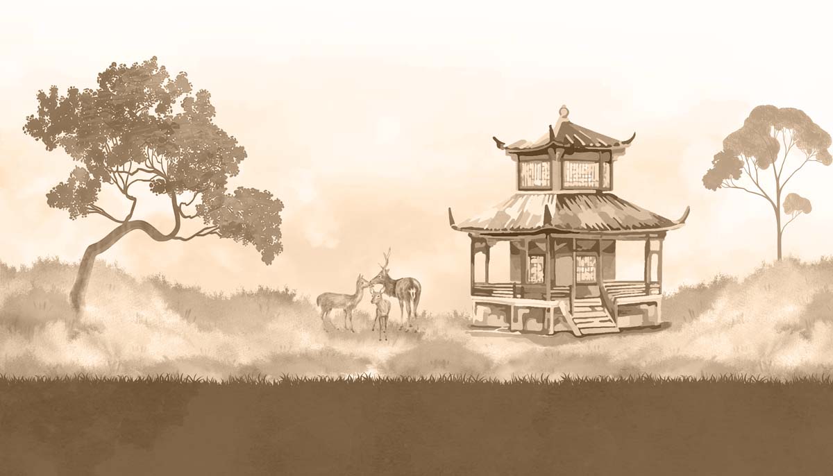 Sepia, Oriental Pagoda Deer Landscape Wallpaper