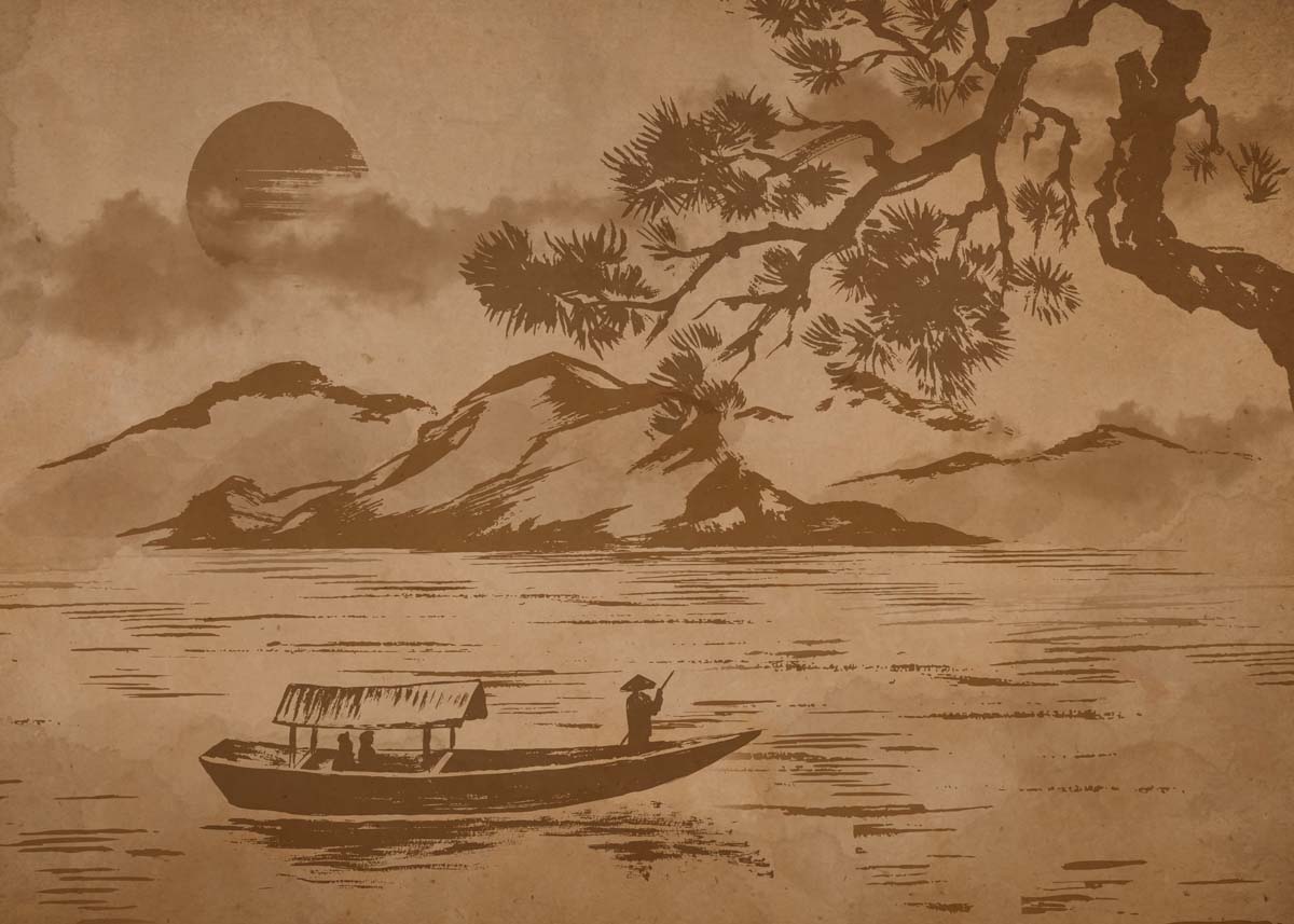 Sumi-e, East Asian Ink Wash Painting Wallpaper Mural
