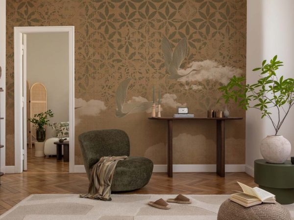 Tsuru Soar, Flight in Sepia Wallpaper Mural