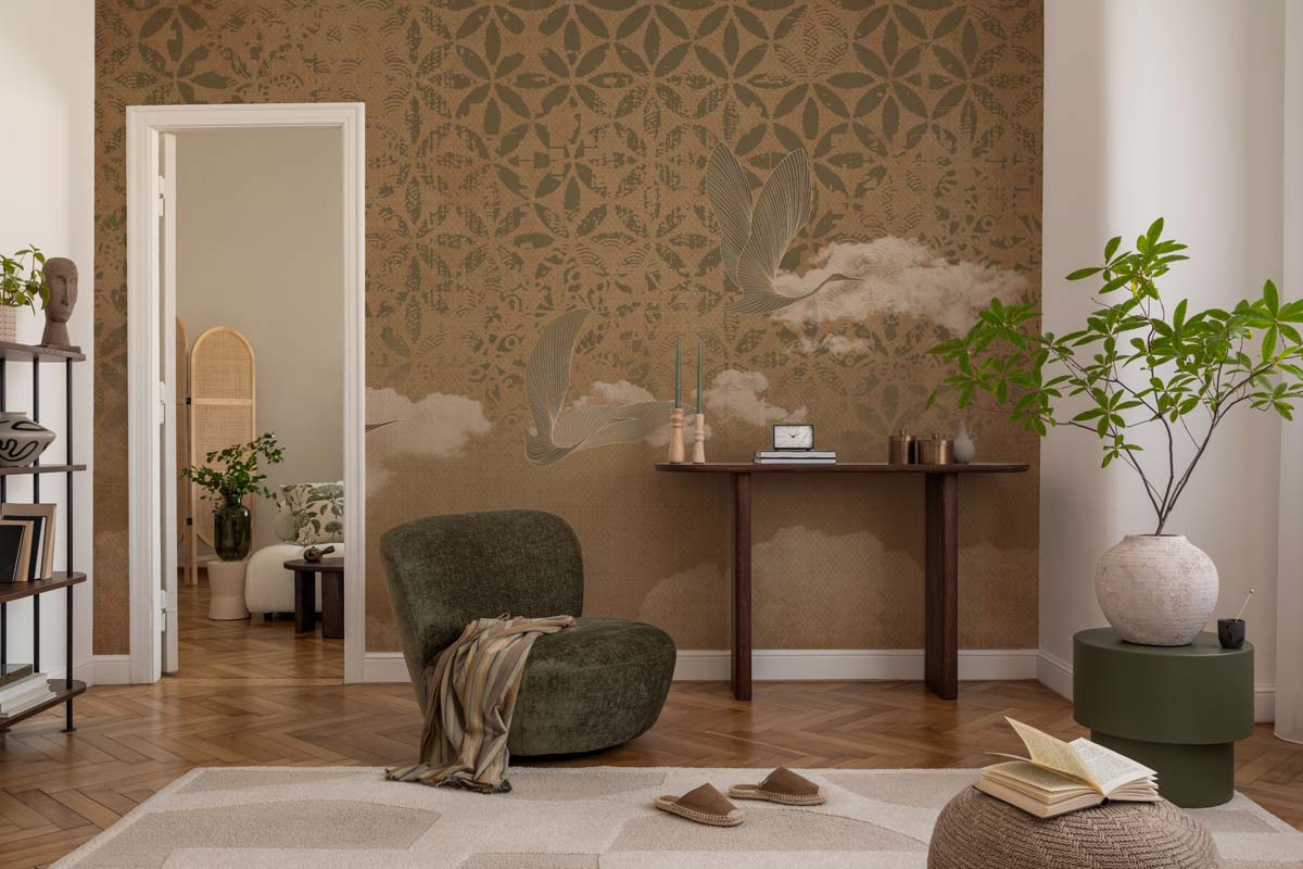 Tsuru Soar, Flight in Sepia Wallpaper Mural