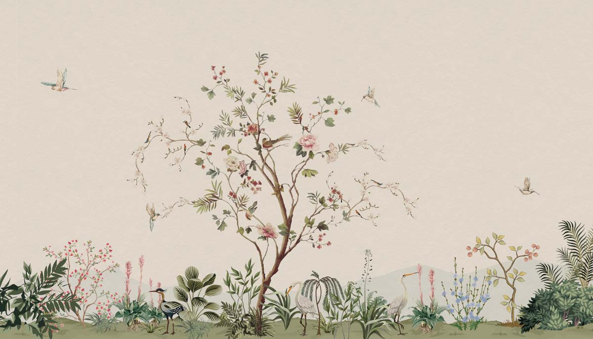 Verdant Murmurs, Birds in a Blooming Orchard Wallpaper Mural