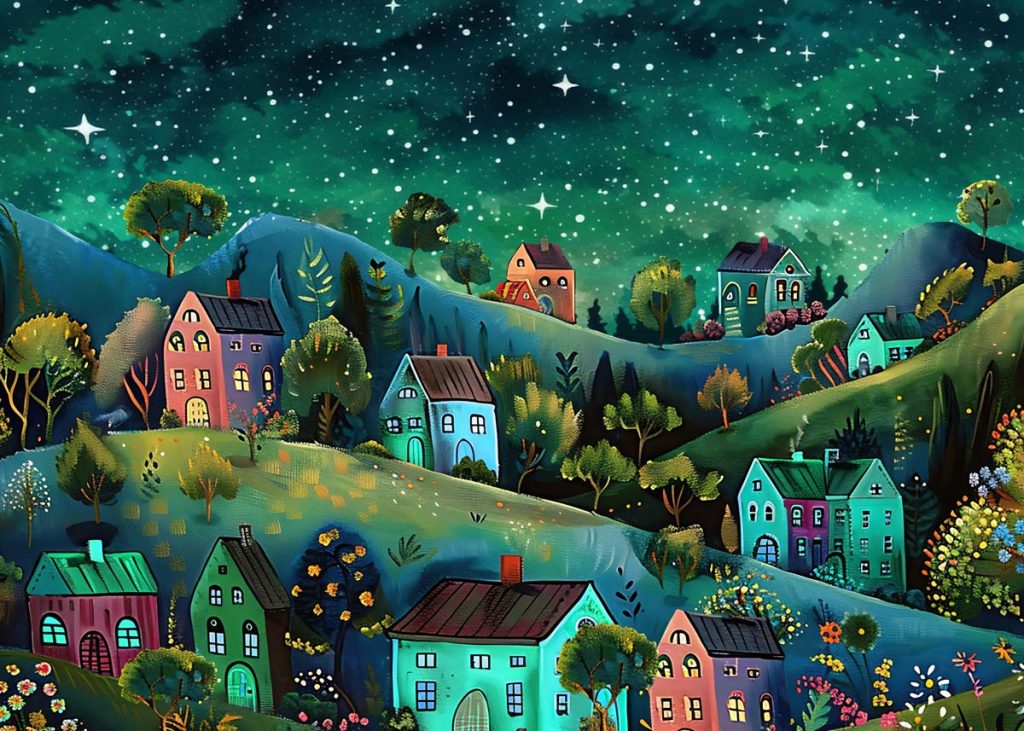 Whimsical Village Night Wallpaper Mural