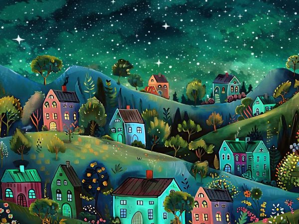 Whimsical Village Night Wallpaper Mural