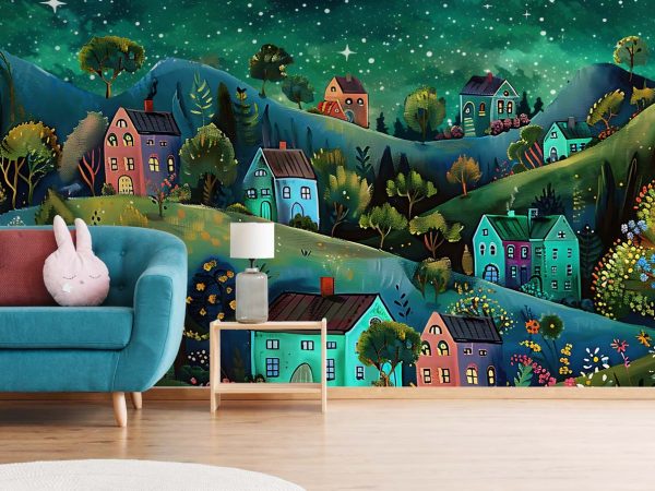 Whimsical Village Night Wallpaper Mural