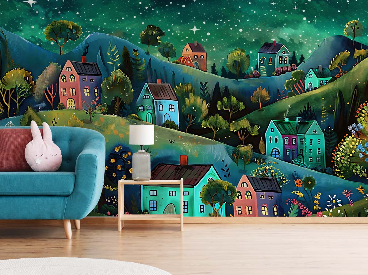 Whimsical Village Night Wallpaper Mural