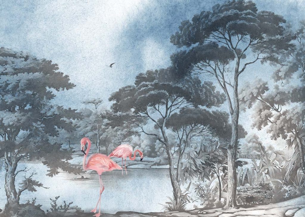 Whispering Waters, Flamingos in a Soft Woodland Wallpaper Mural