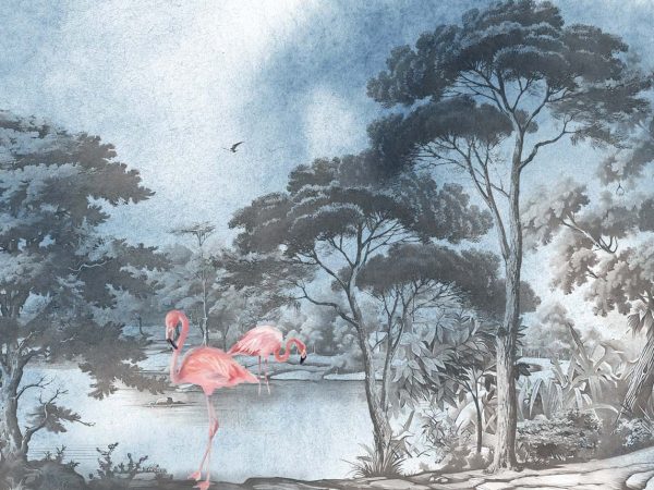 Whispering Waters, Flamingos in a Soft Woodland Wallpaper Mural