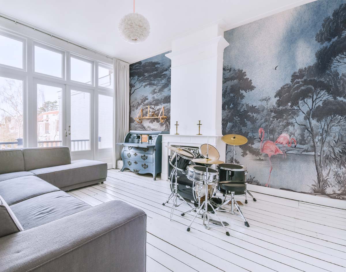 Whispering Waters, Flamingos in a Soft Woodland Wallpaper Mural