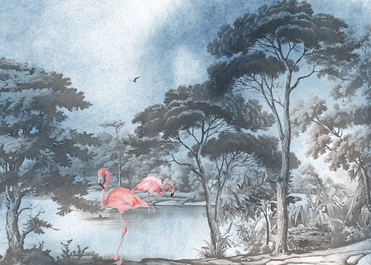Whispering Waters, Flamingos in a Soft Woodland Wallpaper Mural