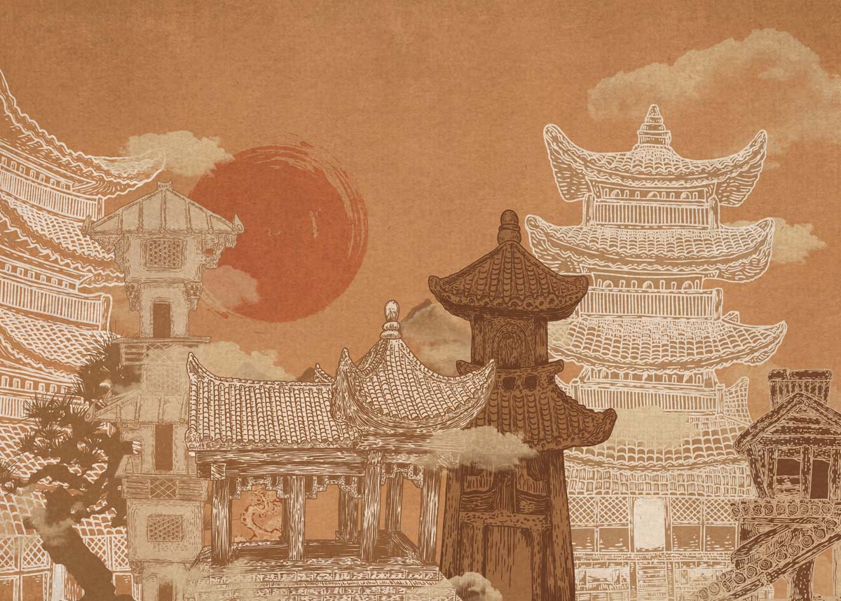 Zen Drift, Vintage Japanese Architectural Dreamscape Wallpaper Mural