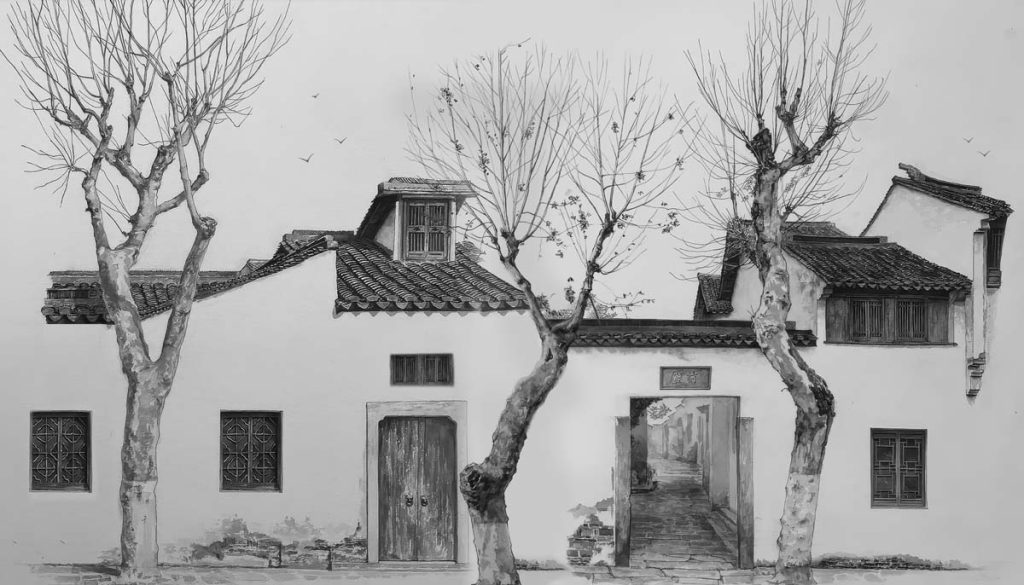 Calligraphy, Ash Grey Courtyard Scene Mural