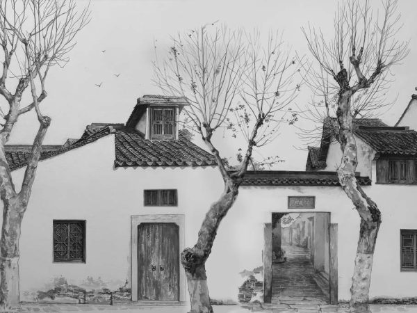 Calligraphy, Ash Grey Courtyard Scene Mural