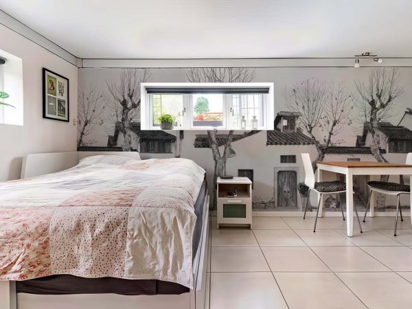 Calligraphy, Ash Grey Courtyard Scene Mural