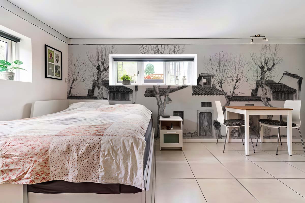 Calligraphy, Ash Grey Courtyard Scene Mural