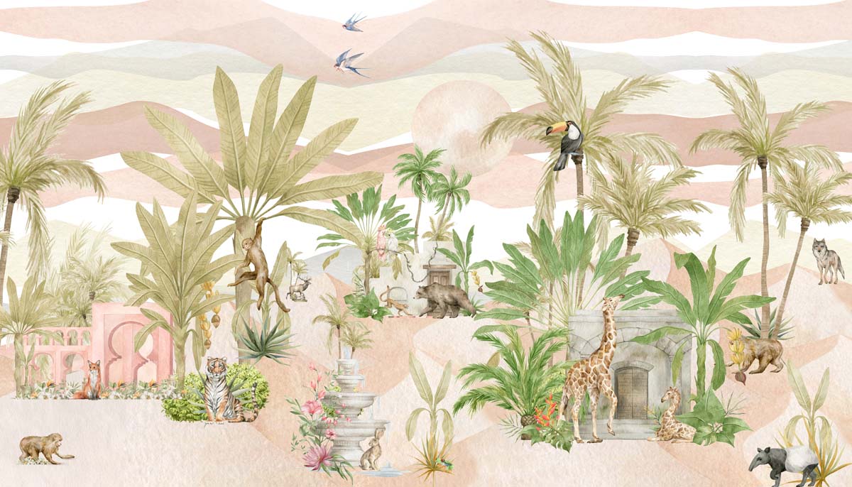 Deserra, Soft Safari Scene in A Pastel Oasis Wallpaper