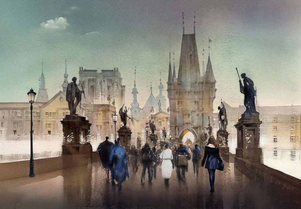 Everglen, Watercolor-Style Charles Bridge Scene Mural