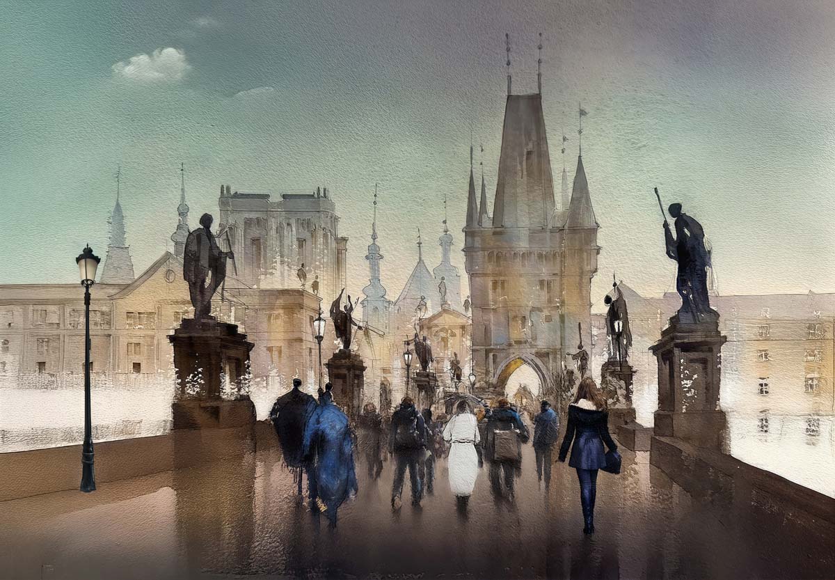 Everglen, Watercolor-Style Charles Bridge Scene Mural