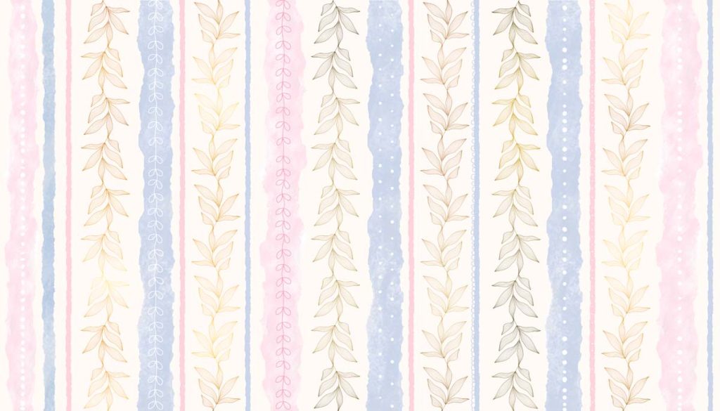 Stripelle, Whimsical Leaf-lined Stripes in Blush and Blue Wallpaper