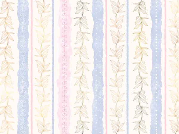 Stripelle, Whimsical Leaf-lined Stripes in Blush and Blue Wallpaper