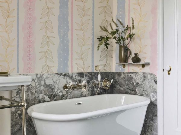 Stripelle, Whimsical Leaf-lined Stripes in Blush and Blue Wallpaper