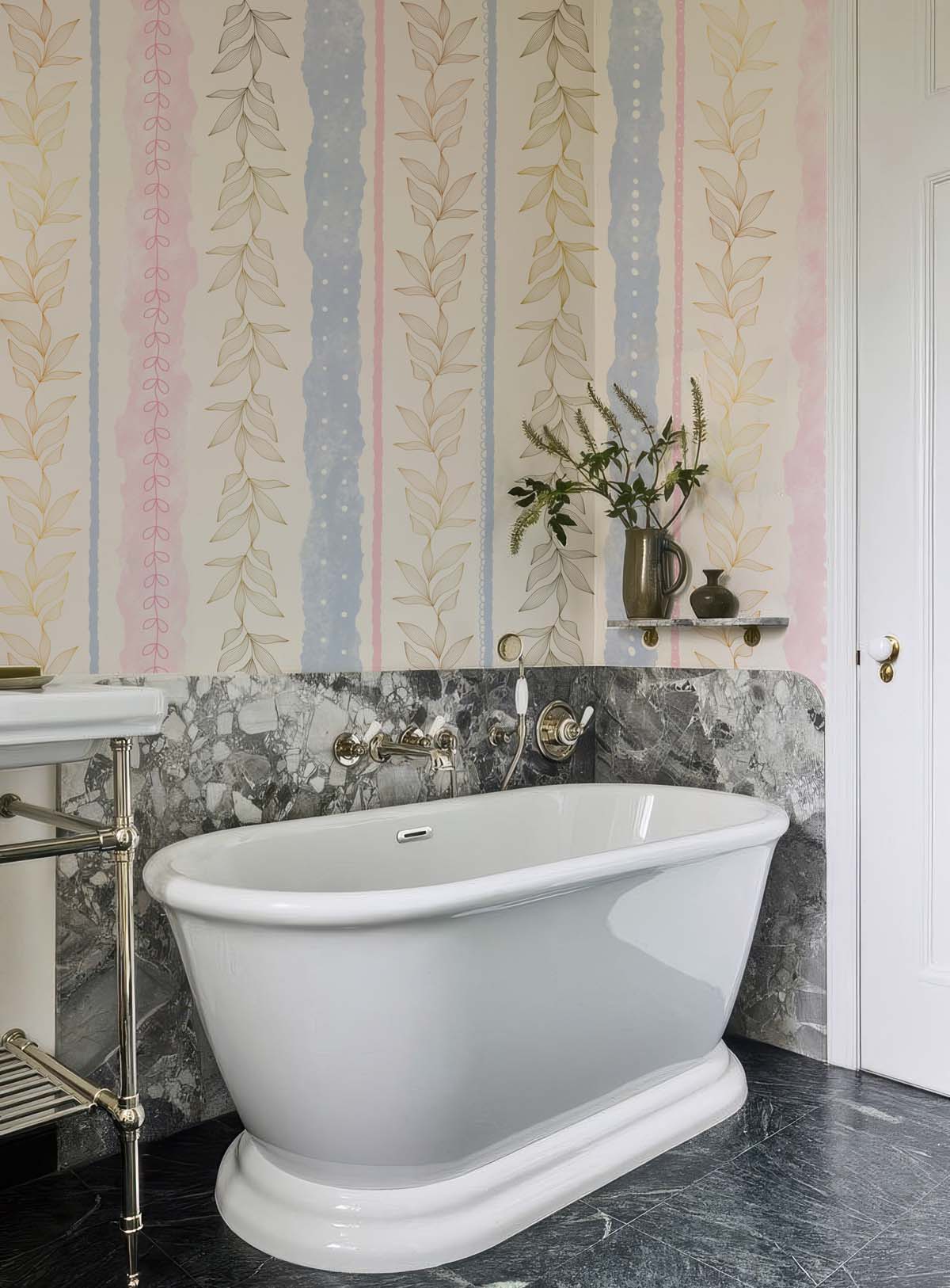 Stripelle, Whimsical Leaf-lined Stripes in Blush and Blue Wallpaper