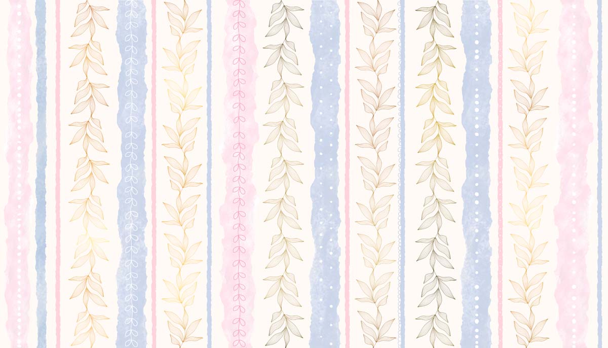 Stripelle, Whimsical Leaf-lined Stripes in Blush and Blue Wallpaper