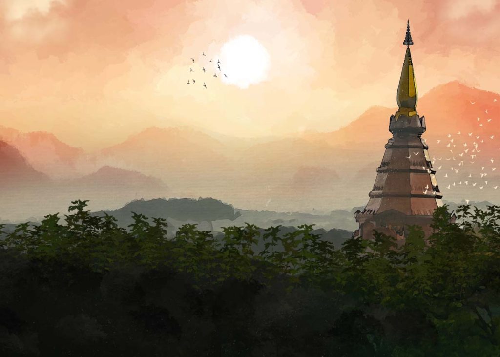 Sunsora, Tranquil Pagoda Sunrise in Forest Wallpaper Mural