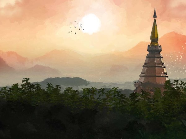 Sunsora, Tranquil Pagoda Sunrise in Forest Wallpaper Mural