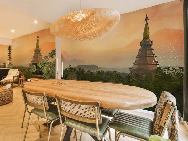 Sunsora, Tranquil Pagoda Sunrise in Forest Wallpaper Mural