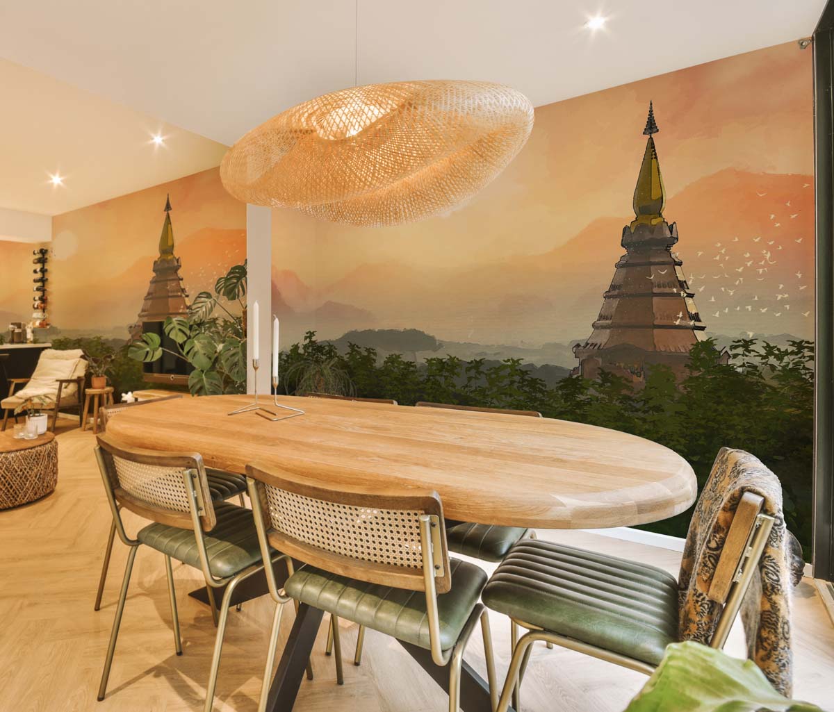 Sunsora, Tranquil Pagoda Sunrise in Forest Wallpaper Mural