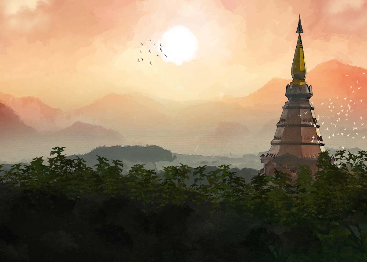 Sunsora, Tranquil Pagoda Sunrise in Forest Wallpaper Mural