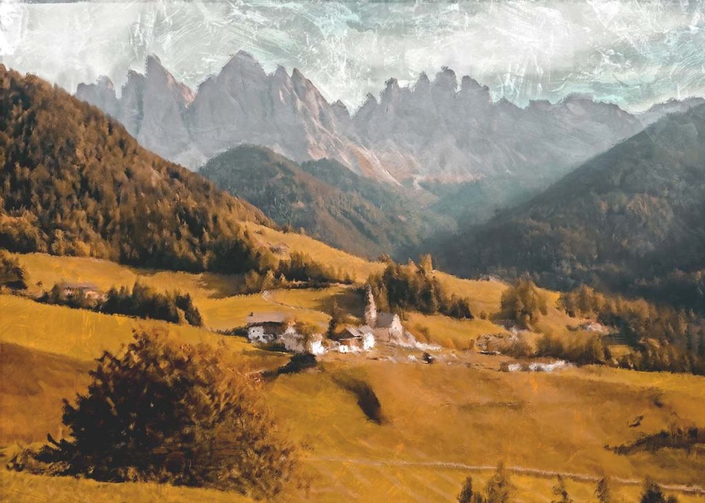 Valle, Artistic Oil Painting of An Alpine Village Mural