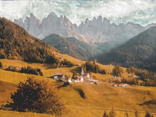 Valle, Artistic Oil Painting of An Alpine Village Mural
