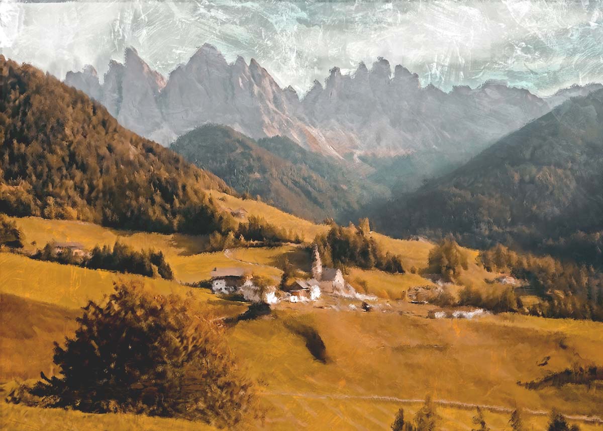 Valle, Artistic Oil Painting of An Alpine Village Mural