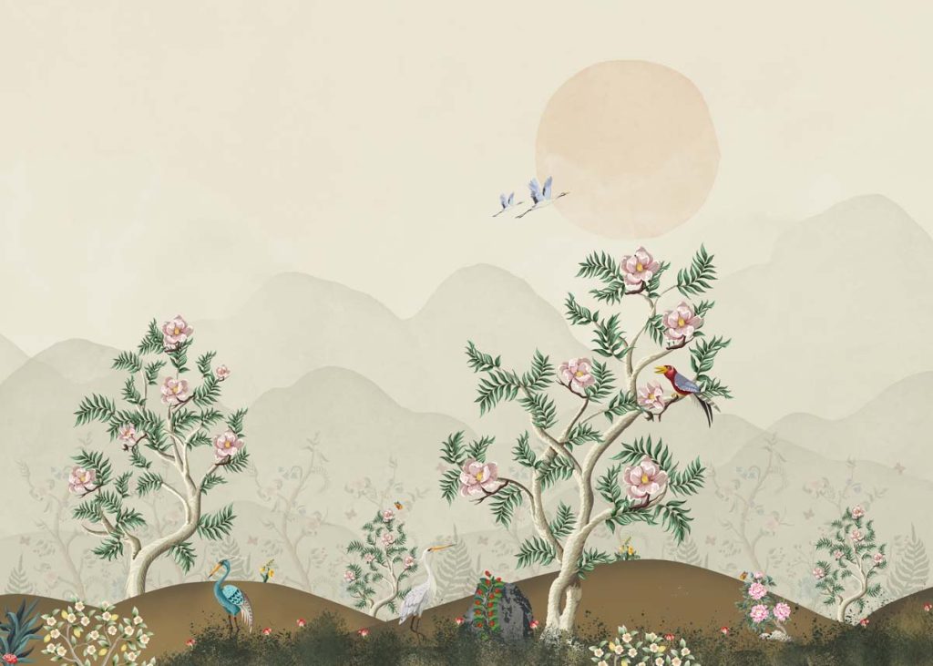 Zenith, Peaceful Asian Chinoiserie Landscape at Sunrise Mural