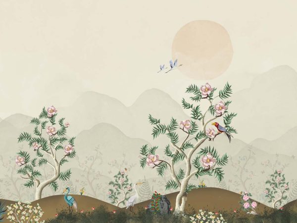 Zenith, Peaceful Asian Chinoiserie Landscape at Sunrise Mural