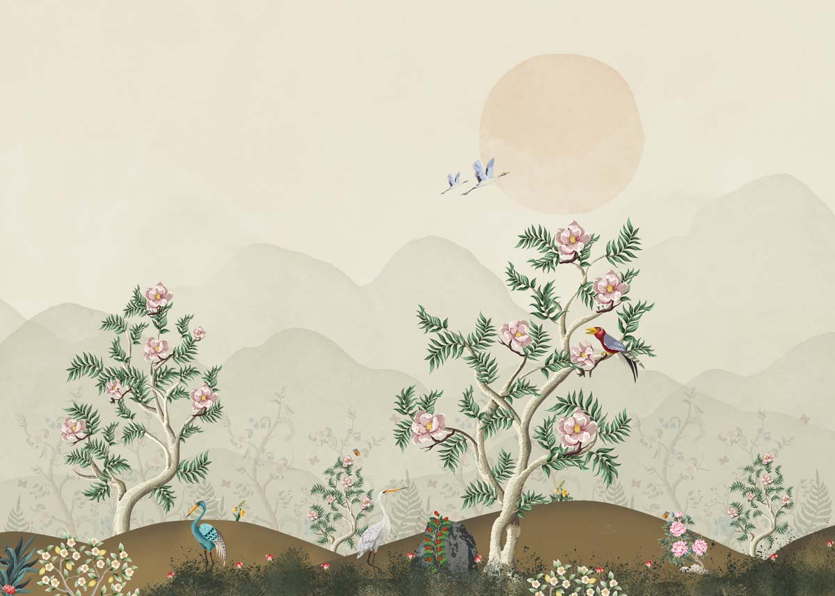 Zenith, Peaceful Asian Chinoiserie Landscape at Sunrise Mural